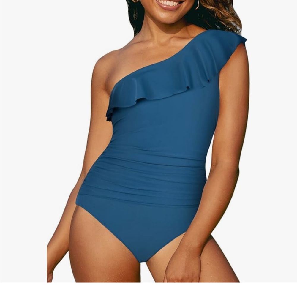 One-Shoulder Ruffle Swimsuit - Blue